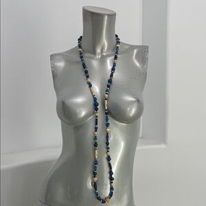Handmade Long wooden and bone Beaded Necklace In Turquoise, Blue Beige